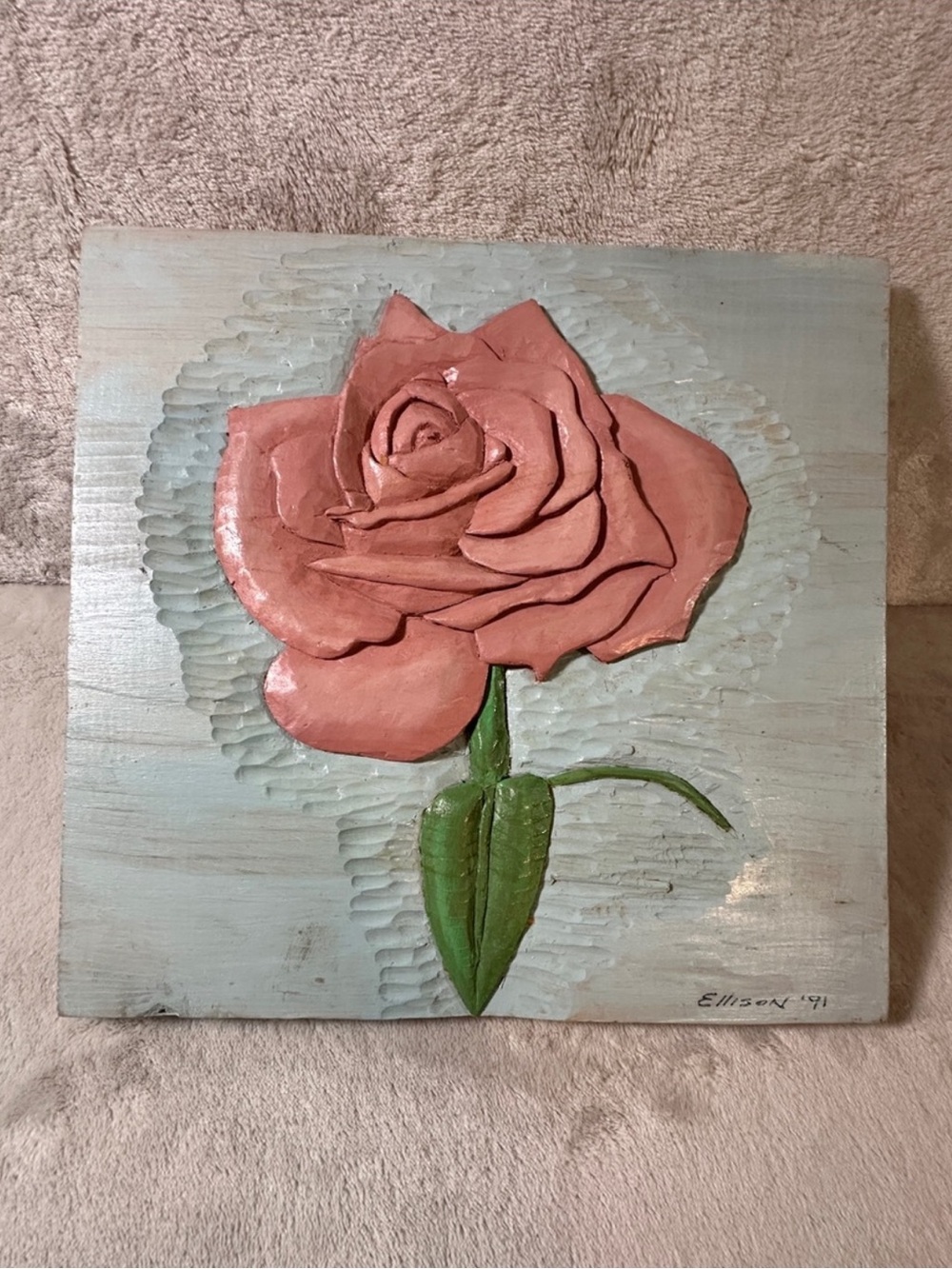 Vintage Hand-Carved Wood Rose Wall Art Plaque (Signed 'Ellison '91')
